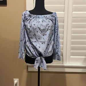 Blue Stripe Bird Print Lightweight Off Shoulder Top